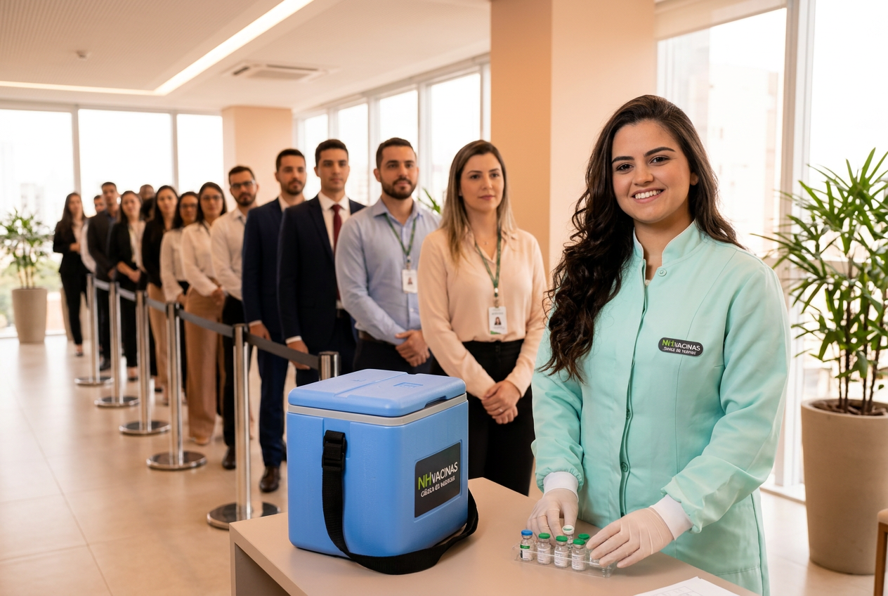 Profissional da NH Vacinas em ambiente corporativo com colaboradores em fila e cooler de cadeia de frio portátil