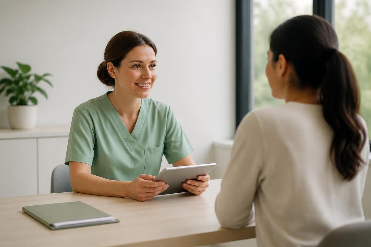 Profissional de enfermagem em atendimento individual com paciente adulto, em conversa acolhedora em consultório claro e contemporâneo